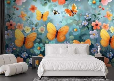 A seamless pattern of cute cartoon bees and butterflies, flying among blooming flowers, bright yellows and purples, delicate wing details, glowing sunlight, hd quality, natural look. --ar 16:9 --v 6. Wall mural