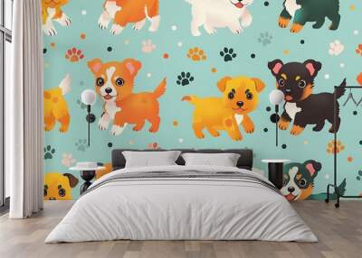 A seamless pattern of cute cartoon puppies of different breeds, running and jumping, surrounded by playful paw prints, bright and playful colors, detailed textures, hd quality, natural look. Wall mural