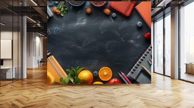 A seamless pattern of promotional elements such as price tags and discount labels, intertwined with basic school supplies like notebooks and pencils, arranged in a dynamic and lively design, Wall mural