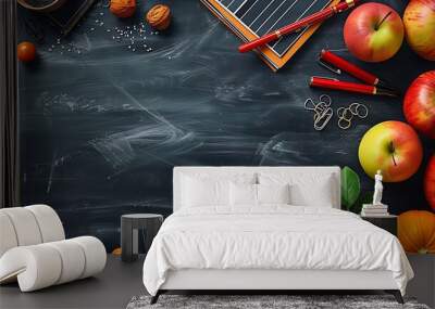 A seamless pattern of teacher's desk items including apples, red pens, and graded papers, arranged in a flowing and dynamic design, with bright colors and a chalkboard texture, hd quality, Wall mural