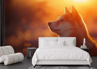 A Shiba Inu against an abstract sunset background, warm oranges and pinks blending into the horizon, evoking a serene and majestic feel, hd quality, natural look. --ar 16:9 --v 6.0 --s 250 --style raw Wall mural