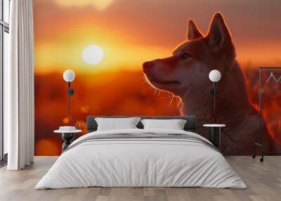 A Shiba Inu against an abstract sunset background, warm oranges and pinks blending into the horizon, evoking a serene and majestic feel, hd quality, natural look. --ar 16:9 --v 6.0 --s 250 --style raw Wall mural