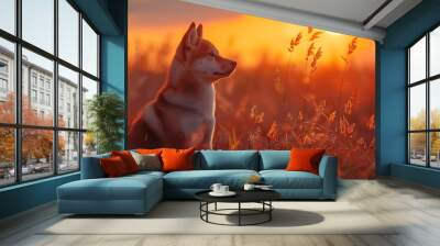 A Shiba Inu against an abstract sunset background, warm oranges and pinks blending into the horizon, evoking a serene and majestic feel, hd quality, natural look. --ar 16:9 --v 6.0 --s 250 --style raw Wall mural