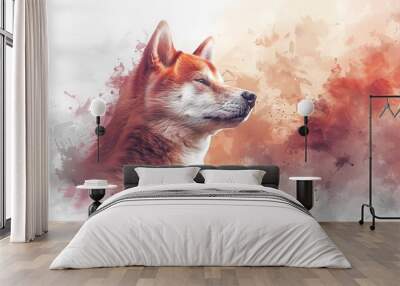 A Shiba Inu with an abstract watercolor background, soft pastels and fluid shapes, creating a dreamy and playful ambiance, hd quality, natural look. --ar 16:9 --v 6.0 --s 250 --style raw Wall mural