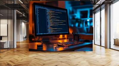 A silent office at night, a glowing computer screen displaying code, reflections of light on the surrounding furniture and floor, shadows filling the room, Wall mural