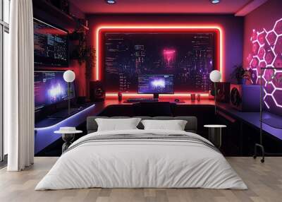 A sleek cyberpunk gaming room, bathed in neon orange and blue light, with a floating gaming desk made of glass and metal, holographic displays projecting data and visuals, Wall mural