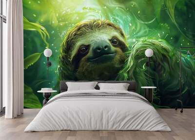 A Sloth with an abstract jungle background, vibrant greens and swirling leaves, creating a sense of calm and serenity, hd quality, natural look. --ar 16:9 --v 6.0 --s 250 --style raw Wall mural