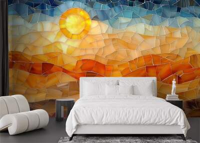 A stained glass mosaic of desert dunes, gentle wavy patterns, vibrant yellows and oranges, bright sun above, detailed designs, capturing the beauty of the desert, hd quality, natural look --ar 16:9 -- Wall mural