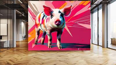 A Teacup Pig with an abstract geometric background, sharp lines and bright colors, creating a dynamic and modern composition, hd quality, natural look. --ar 16:9 --v 6.0 --s 250 --style raw Wall mural