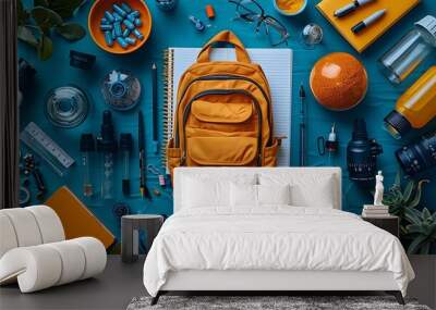 A top view of a backpack surrounded by science items like a microscope, lab notebook, safety goggles, and experiment kits, arranged in a circular pattern with clear copy space in the middle. Wall mural