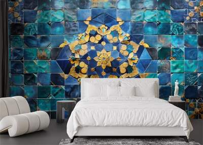 A vibrant design of Moroccan tile patterns in shades of blue, green, and gold, showcasing detailed geometric shapes and floral motifs. High contrast, rich colors, hd quality, cultural and elegant. Wall mural