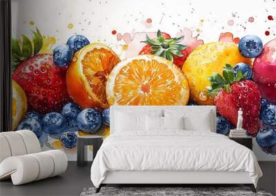 A vibrant watercolor pattern of fruits, featuring strawberries, oranges, and blueberries, arranged in a seamless design with soft edges and vivid hues, creating a lively and appetizing look --ar 16:9  Wall mural