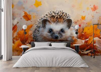 A watercolor painting of a hedgehog nestled in a cozy pile of autumn leaves, with the warm colors of fall creating a picturesque backdrop. Wall mural