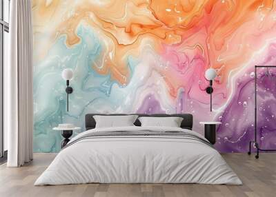 Abstract watercolor splash, pastel tones of lavender, mint, and peach, fluid and organic shapes, dreamy and artistic, high-definition quality, gentle blending. --ar 16:9 --v 6.0 --s 250 --style raw Wall mural