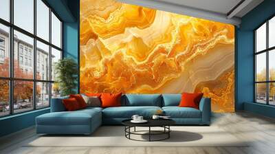 Aerial view of warm yellow and gold marble swirls, bathed in soft evening light to highlight its sunset-inspired patterns. --ar 16:9 --v 6.0 --s 250 --style raw Wall mural