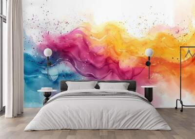 An abstract watercolor design with vibrant splashes of teal, magenta, and yellow, creating a dynamic and colorful composition on a white background. Rich colors, fluid lines, hd quality, Wall mural