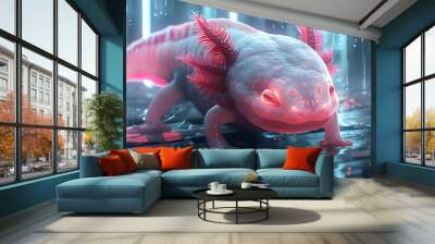 An Axolotl with an abstract futuristic background, neon lines and cyber elements, sleek and modern, hd quality, natural look. --ar 16:9 --v 6.0 --s 250 --style raw Wall mural