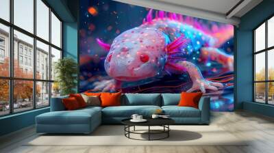 An Axolotl with an abstract futuristic background, neon lines and cyber elements, sleek and modern, hd quality, natural look. --ar 16:9 --v 6.0 --s 250 --style raw Wall mural