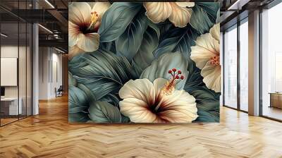 Bohemian seamless wallpaper showcasing vintage botanical illustrations of tropical flowers like hibiscus, bird of paradise, and orchids, set against a muted pastel background, Wall mural