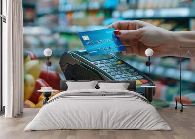 Close-up of a credit card being inserted into a chip reader at a supermarket, groceries in the background, clear and bright lighting, high detail, hd quality, natural look.  --ar 16:9 --v 6. Wall mural