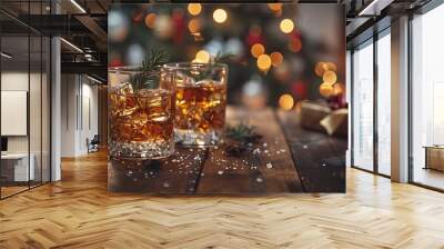 Close-up of two whiskey glasses toasting, adorned with sprigs of rosemary and festive ribbons, warm lighting and blurred Christmas tree in the background, cozy and sophisticated. Wall mural