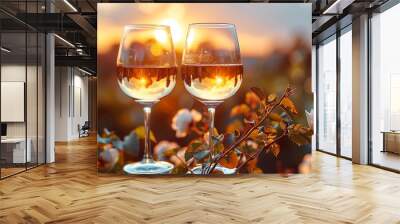 Close-up photo of a sunset wine toast, warm sunlight illuminating the glasses and faces, rich colors of the sunset, cozy and inviting, detailed glass textures, blurred background, high resolution. Wall mural