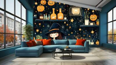 Cute doodle-style seamless pattern featuring a little witch making potions in her lab, with smiling bottles, herbs, and bubbling cauldrons, surrounded by stars, sparkles, and pumpkins, Wall mural