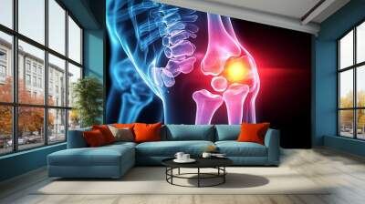 Elbow joint X-ray, localized pain highlighted with bright orange glow, clear bone outlines, glowing overlay effect on orange pain region, soft shadows for depth, blue tint on non-painful areas, Wall mural