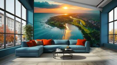 Helicopter tour over a coastal city, sparkling ocean water, lush green parks, sunset casting a warm glow, vibrant and dynamic scene, detailed helicopter and cityscape, panoramic view, hd quality, Wall mural