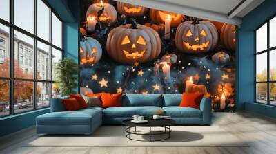 Seamless doodle-style pattern of smiling jack-o'-lanterns lit by candles, surrounded by twinkling stars, pumpkins, and bats, soft pastel hues, whimsical and cute Halloween theme. Wall mural