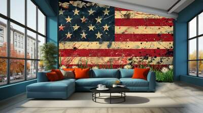 The US flag reimagined with green plant elements, with stripes made of lush grass and stars of blooming white flowers, promoting sustainability. Wall mural