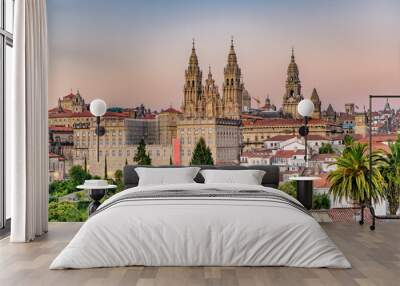 Hazy sunset on monumental Santiago de Compostela cathedral. Wall mural