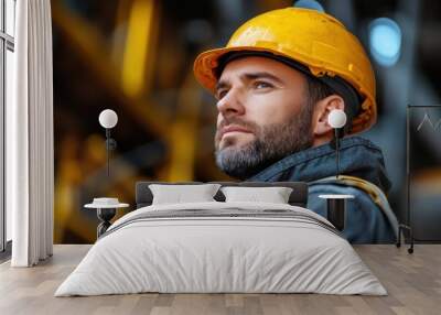 Construction Worker in Hard Hat Focused on Job Site Wall mural