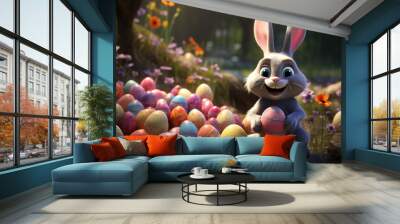 Easter bunny outdoors surrounded by many easter eggs. Generative AI. Wall mural