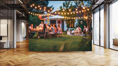 Group of people gathered in a backyard on a summer evening Wall mural