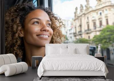 Happy Woman on Bus Enjoying City View Wall mural