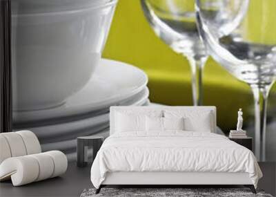 Stack of Commercial White Plates Bowls and Wine Glasses Wall mural