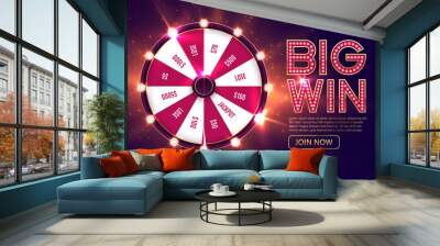 Casino spinning fortune wheel vector banner template. Rotating roulette, lottery game poster layout. Jackpot Big Win lightbulbs glowing sign. Gambling business. Game of luck playing Wall mural