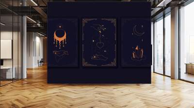 Set of mystical tarot cards. Elements of esoteric, occult, alchemical and witch symbols. Zodiac signs. Cards with esoteric symbols. Silhouette of hands, stars, moon and crystals. Vector illustration Wall mural