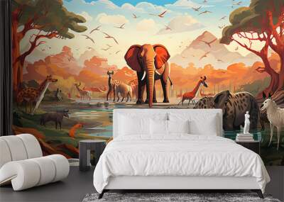 elephants in the wild illustration (AI Generated) Wall mural