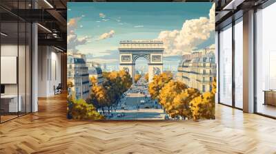 A beautiful view of the Arc de Triomphe in Paris, France, on a sunny day, with golden leaves on the trees and a blue sky. Wall mural