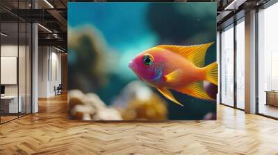 A bright orange and yellow fish with a blue eye swimming in a coral reef Wall mural