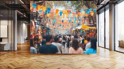 A bustling street market in India with colorful flags and vendors selling various goods. Wall mural