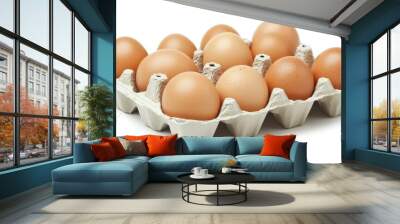 A carton of brown eggs isolated on a white background. Wall mural