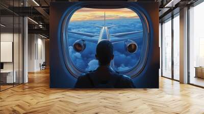 A passenger looks out of the window of a plane flying high above the clouds at sunset. Wall mural