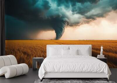 A powerful tornado touches down in a golden field of wheat, creating a dramatic scene of nature's fury. Wall mural