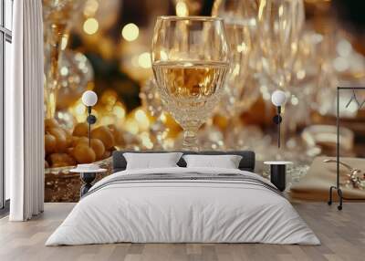 A single glass of white wine sits on a table with other glasses and silverware. Wall mural