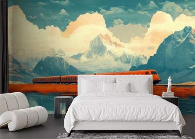 An orange train travels through a mountain landscape with a reflection of the train and the snow-capped mountain peaks in a still body of water. Wall mural