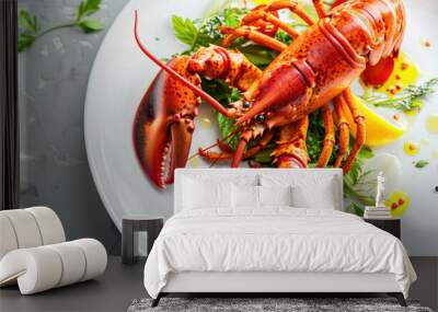 Boiled lobster seafood dish served on a white plate. Wall mural