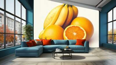 Bunch of bananas with two oranges, one cut in half, on a white background. Wall mural